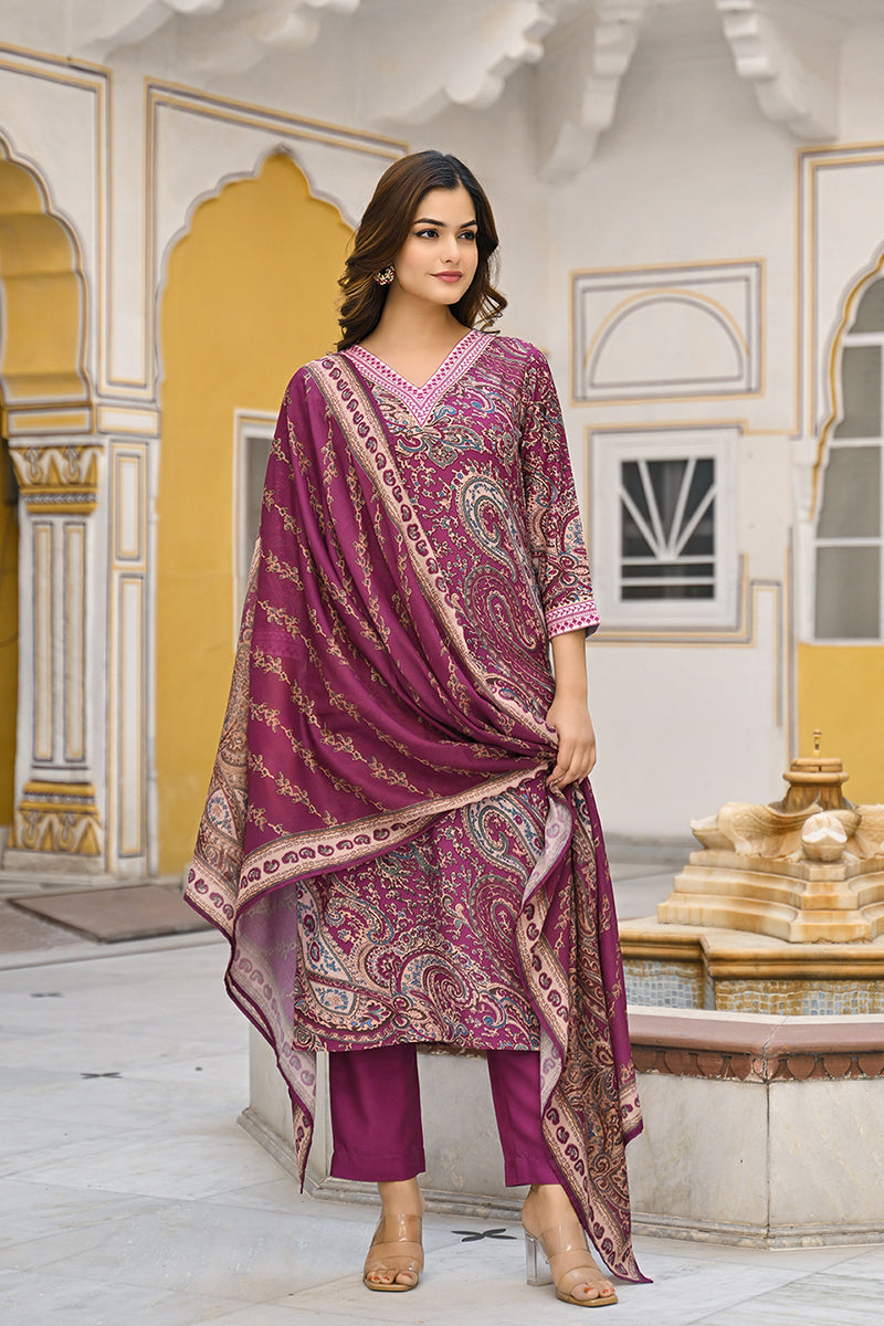 Purple Rayon Blend Paisley Printed Straight Trouser Suit Set | SHOBITAM