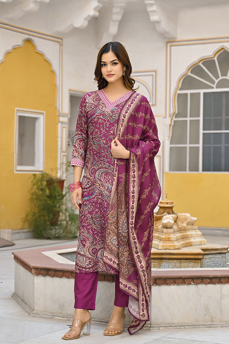 Purple Rayon Blend Paisley Printed Straight Trouser Suit Set | SHOBITAM