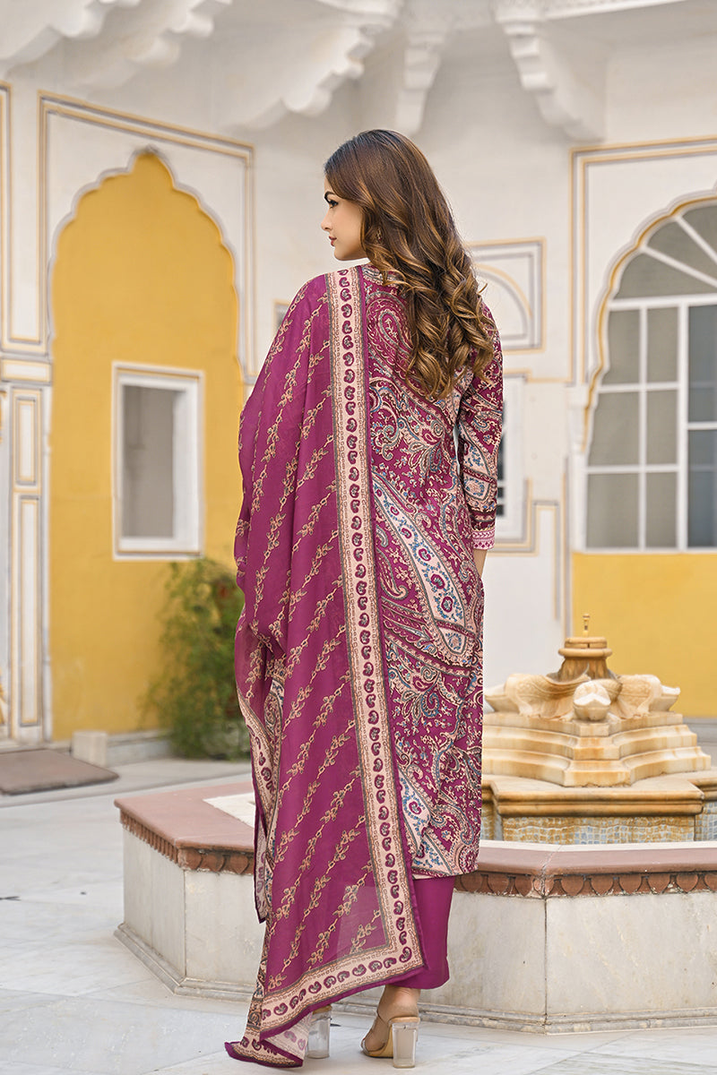 Purple Rayon Blend Paisley Printed Straight Trouser Suit Set | SHOBITAM