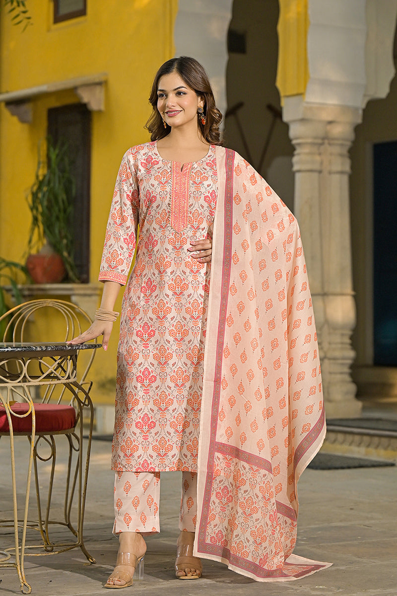 Cream Rayon Blend Floral Printed Straight Kurta Suit Set | SHOBITAM