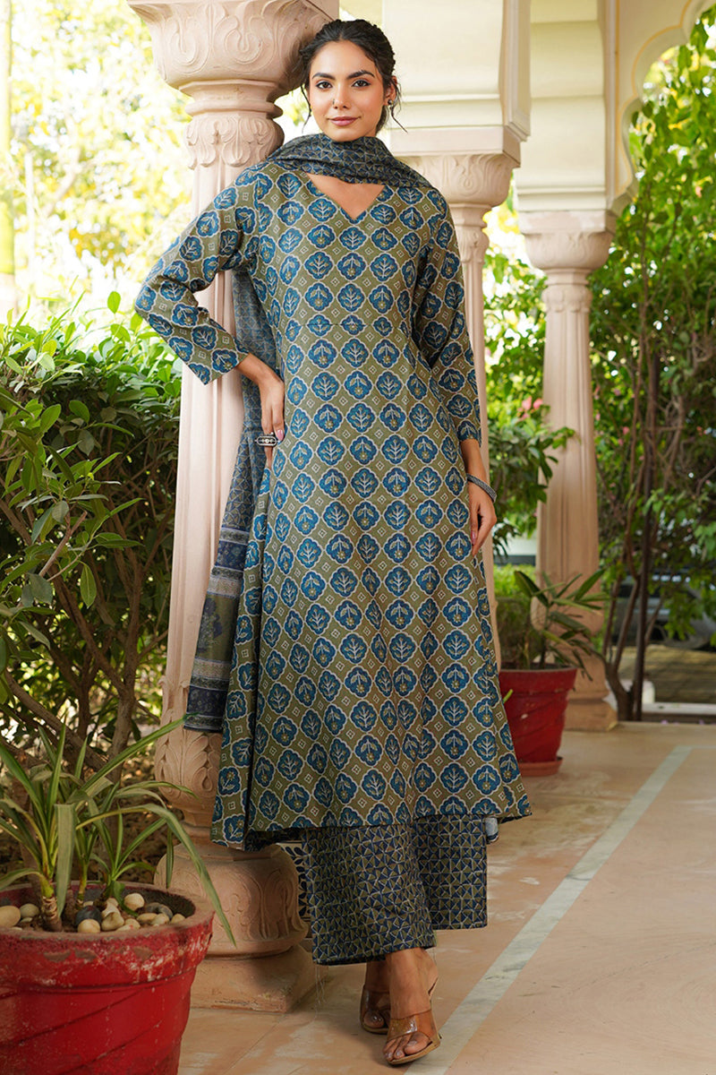 Olive Rayon Blend Floral Printed A-Line Kurta Palazzo With Dupatta | SHOBITAM