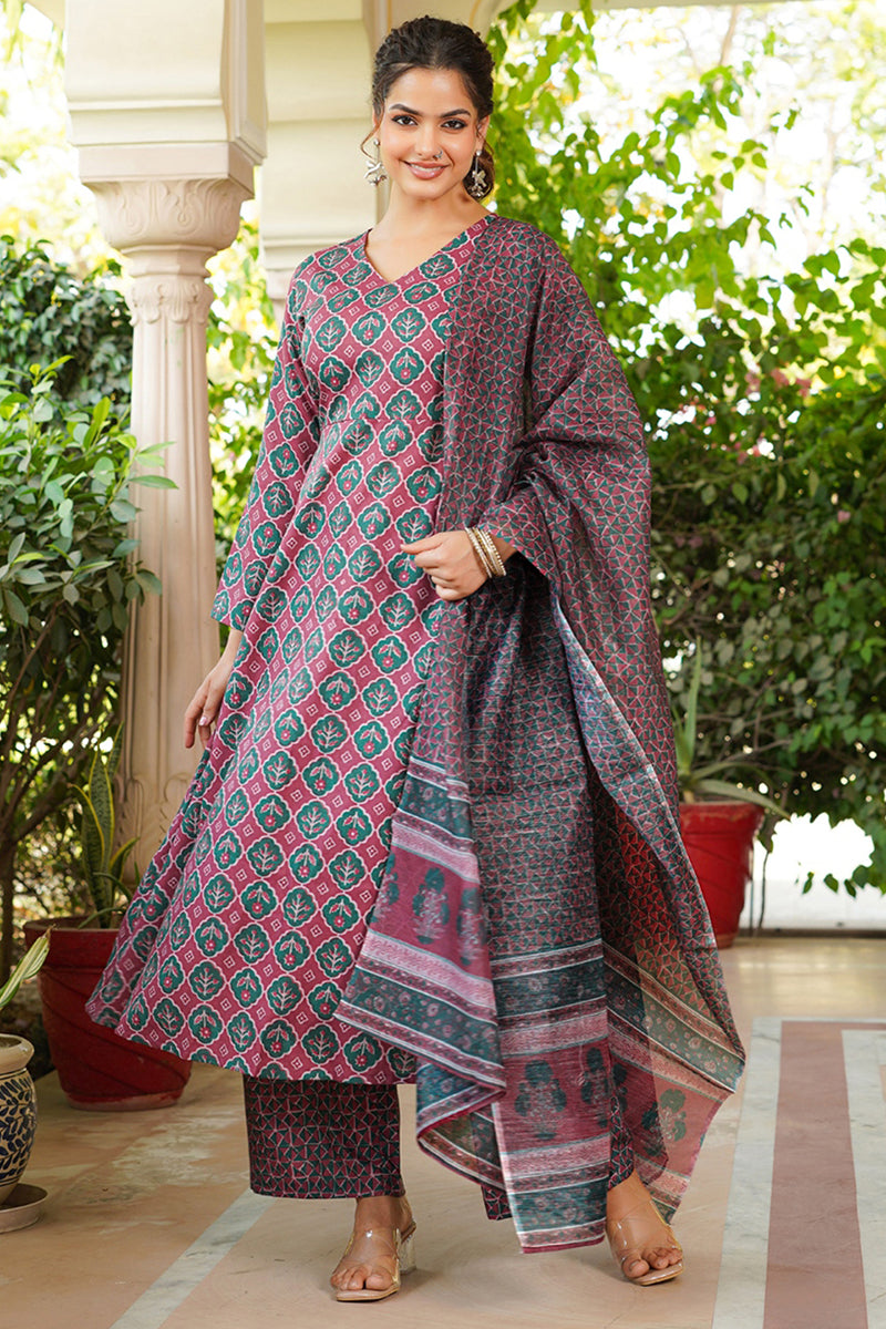 Maroon Rayon Blend Floral Printed A-Line Kurta Palazzo With Dupatta | SHOBITAM