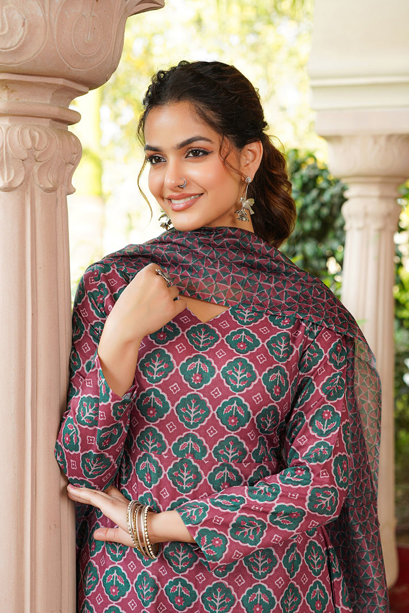 Maroon Rayon Blend Floral Printed A-Line Kurta Palazzo With Dupatta | SHOBITAM