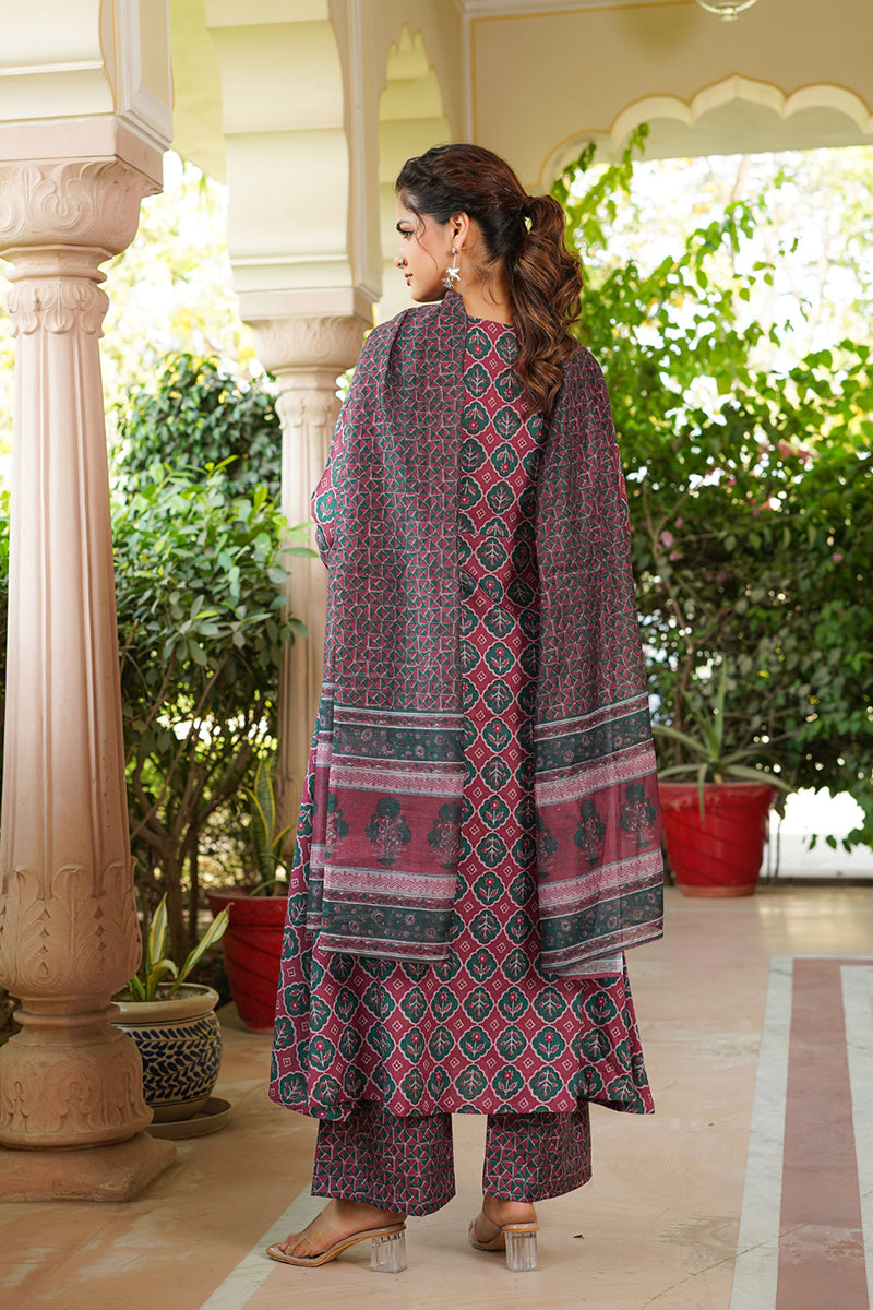 Maroon Rayon Blend Floral Printed A-Line Kurta Palazzo With Dupatta | SHOBITAM