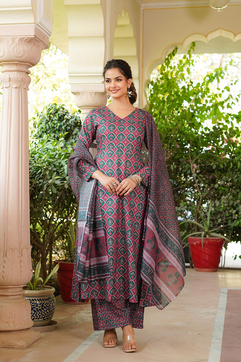 Maroon Rayon Blend Floral Printed A-Line Kurta Palazzo With Dupatta | SHOBITAM