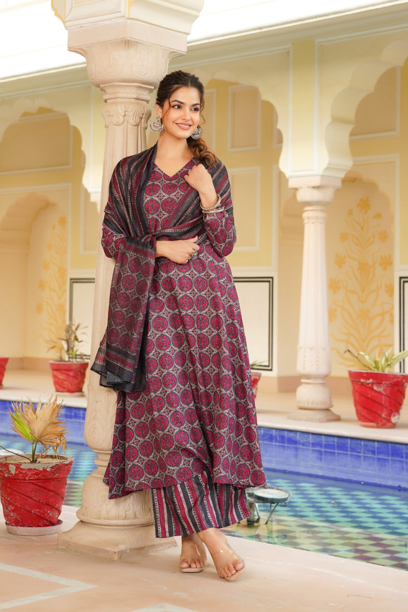 Pink Rayon Blend Floral Printed A-Line Kurta Palazzo With Dupatta| SHOBITAM
