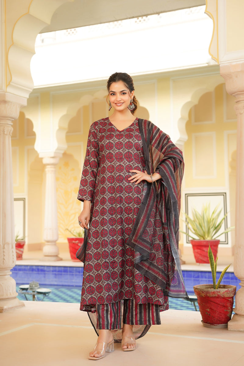 Red Rayon Blend Floral Printed A-Line Kurta Palazzo With Dupatta | SHOBITAM