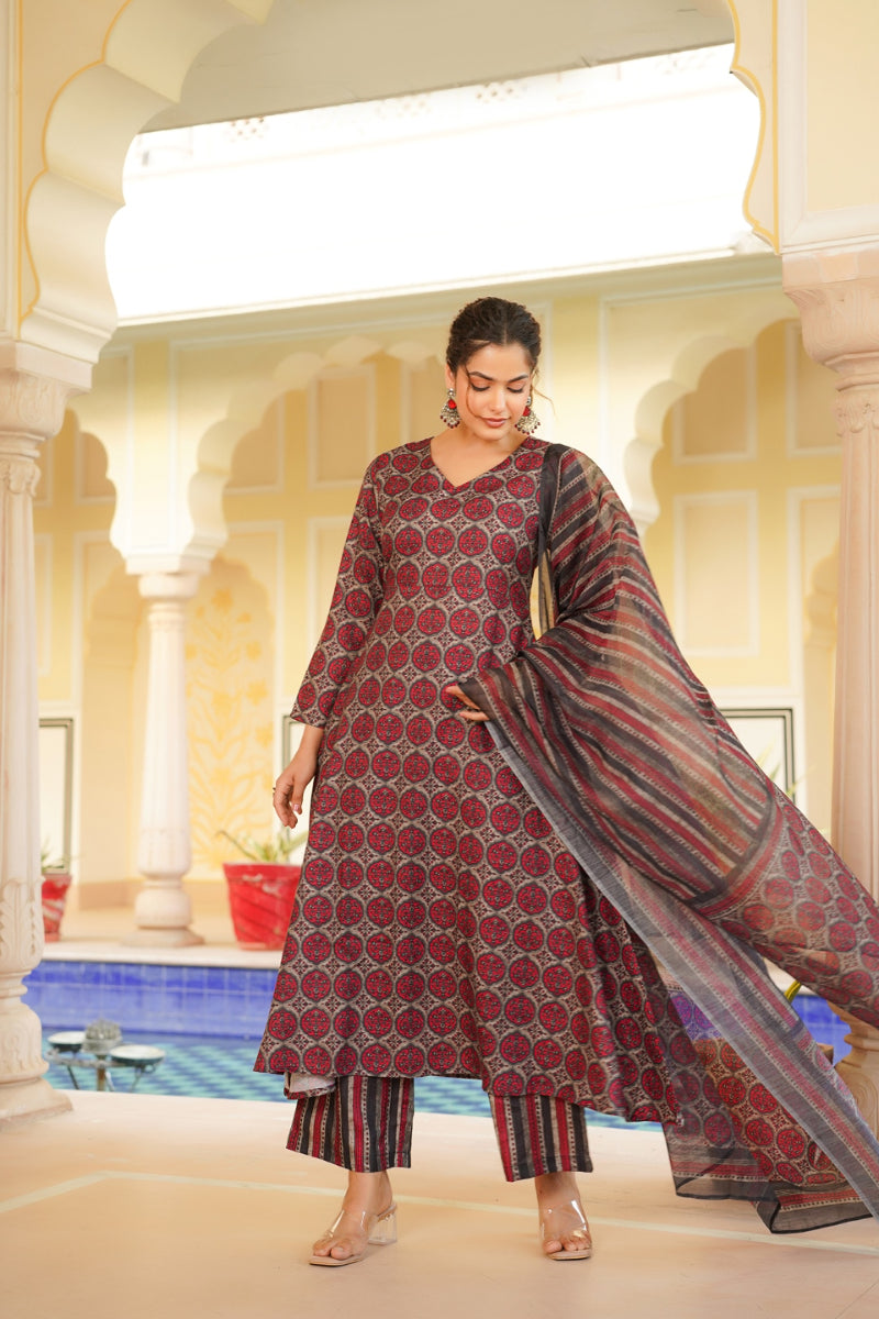 Red Rayon Blend Floral Printed A-Line Kurta Palazzo With Dupatta | SHOBITAM