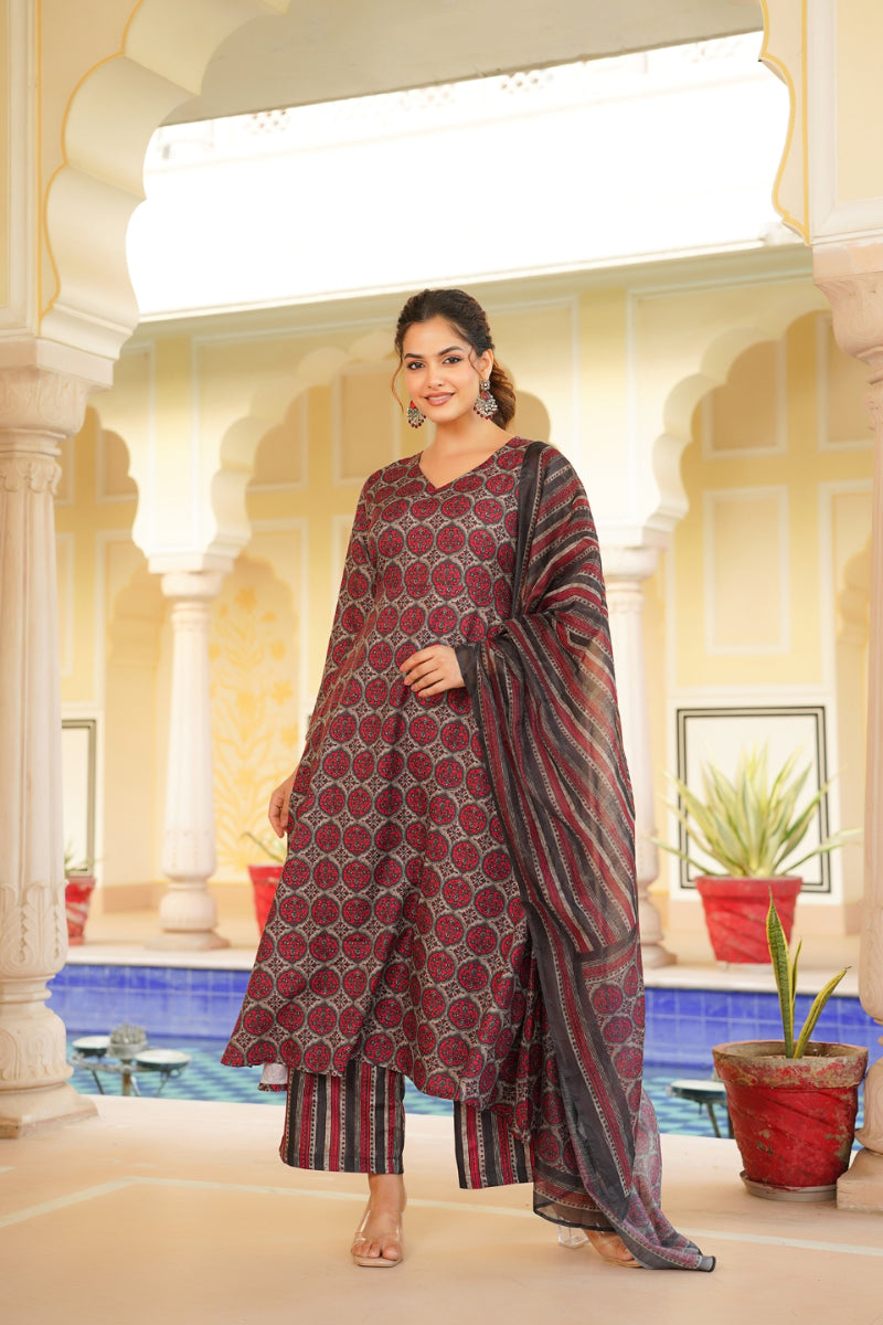 Red Rayon Blend Floral Printed A-Line Kurta Palazzo With Dupatta | SHOBITAM