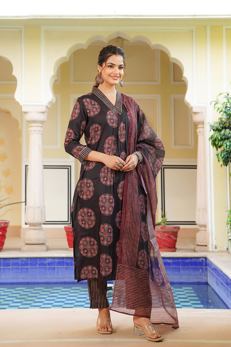 Black Rayon Blend Ajrakh Printed Straight Kurta Trousers With Dupatta | SHOBITAM