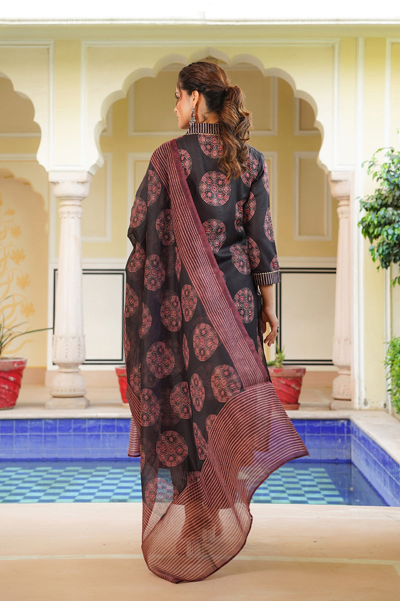 Black Rayon Blend Ajrakh Printed Straight Kurta Trousers With Dupatta | SHOBITAM