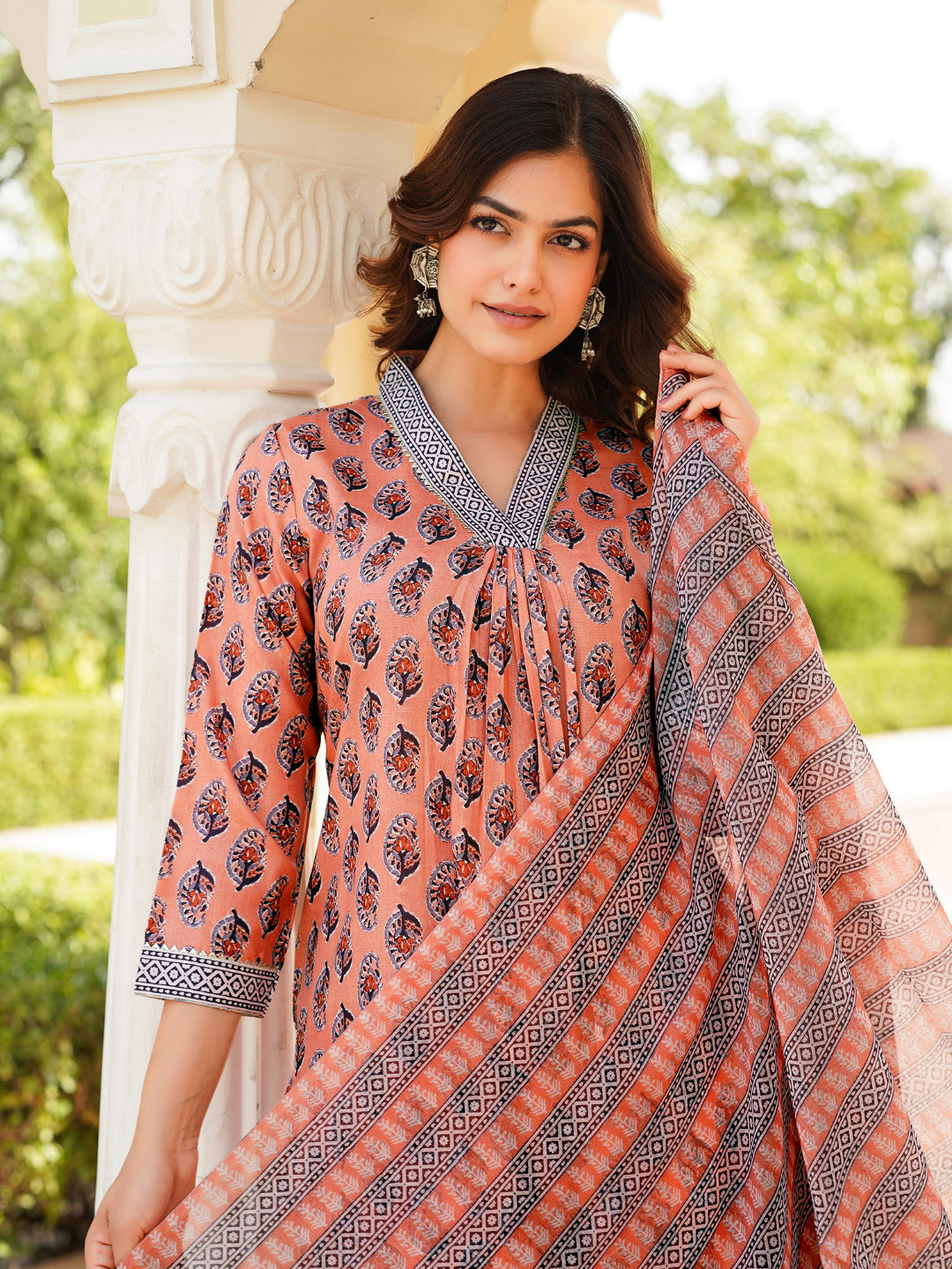 Peach Rayon Blend Ethnic Motifs Printed Straight Kurta Trousers With Dupatta | SHOBITAM