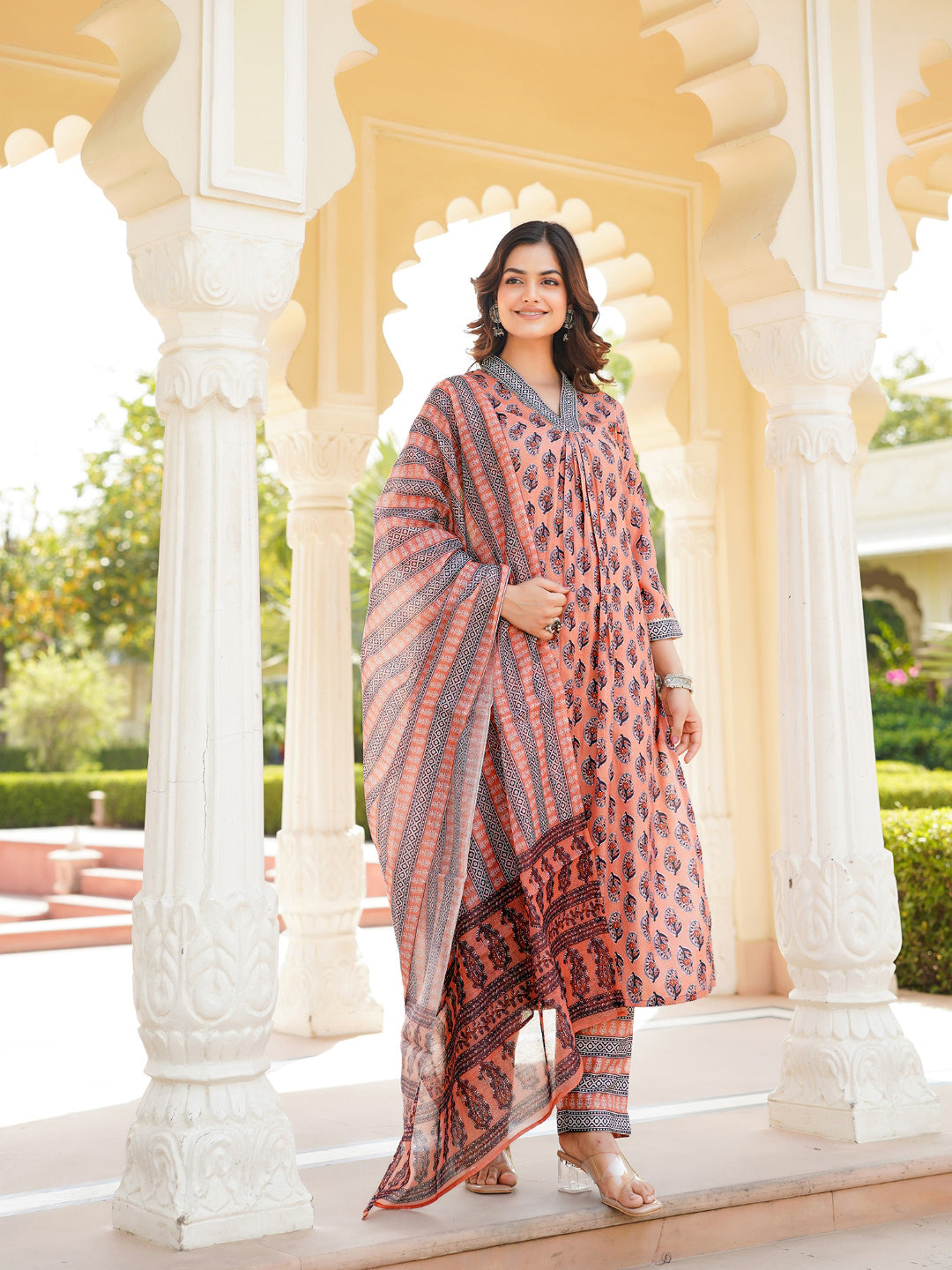 Peach Rayon Blend Ethnic Motifs Printed Straight Kurta Trousers With Dupatta | SHOBITAM