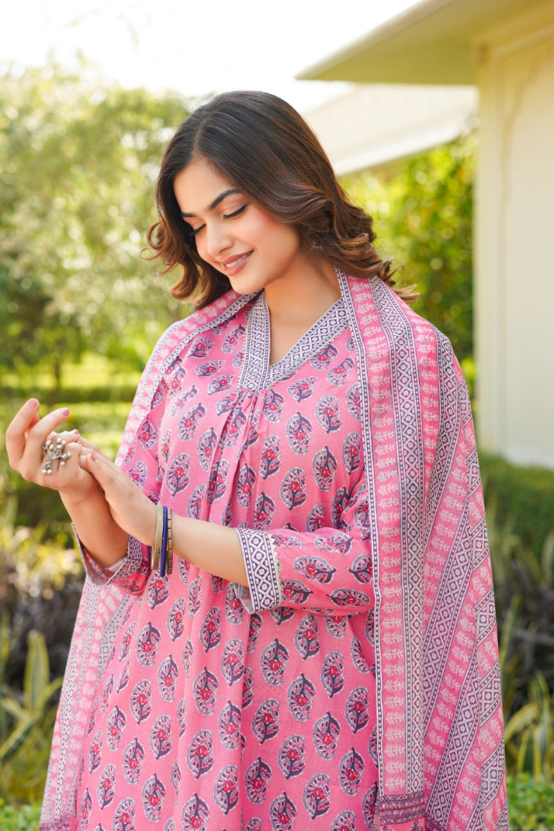 Pink Rayon Blend Ethnic Motifs Printed Straight Kurta Trouser With Dupatta | SHOBITAM