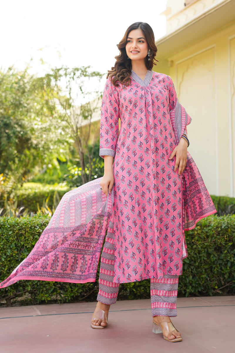 Pink Rayon Blend Ethnic Motifs Printed Straight Kurta Trouser With Dupatta | SHOBITAM