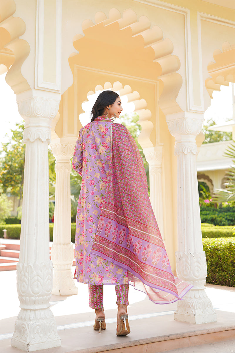 Purple Rayon Blend Floral Printed Straight Kurta Trousers With Dupatta | SHOBITAM