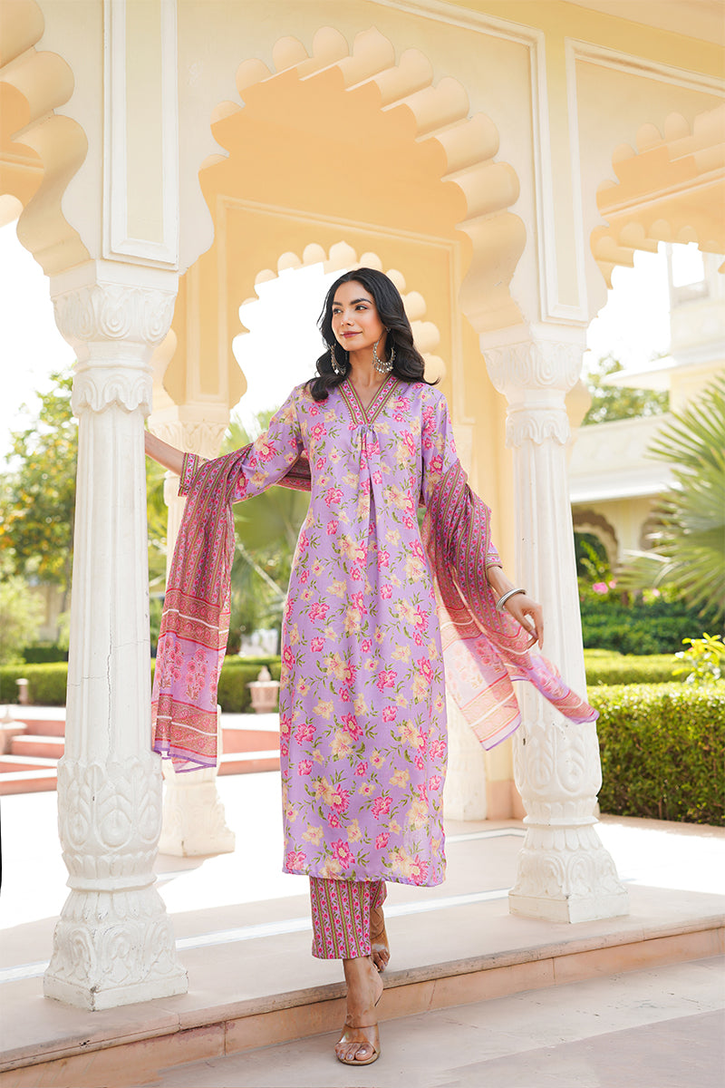 Purple Rayon Blend Floral Printed Straight Kurta Trousers With Dupatta | SHOBITAM