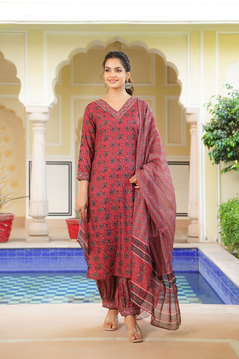 Pink Rayon Blend Floral Printed A-Line Kurta Palazzo With Dupatta | SHOBITAM