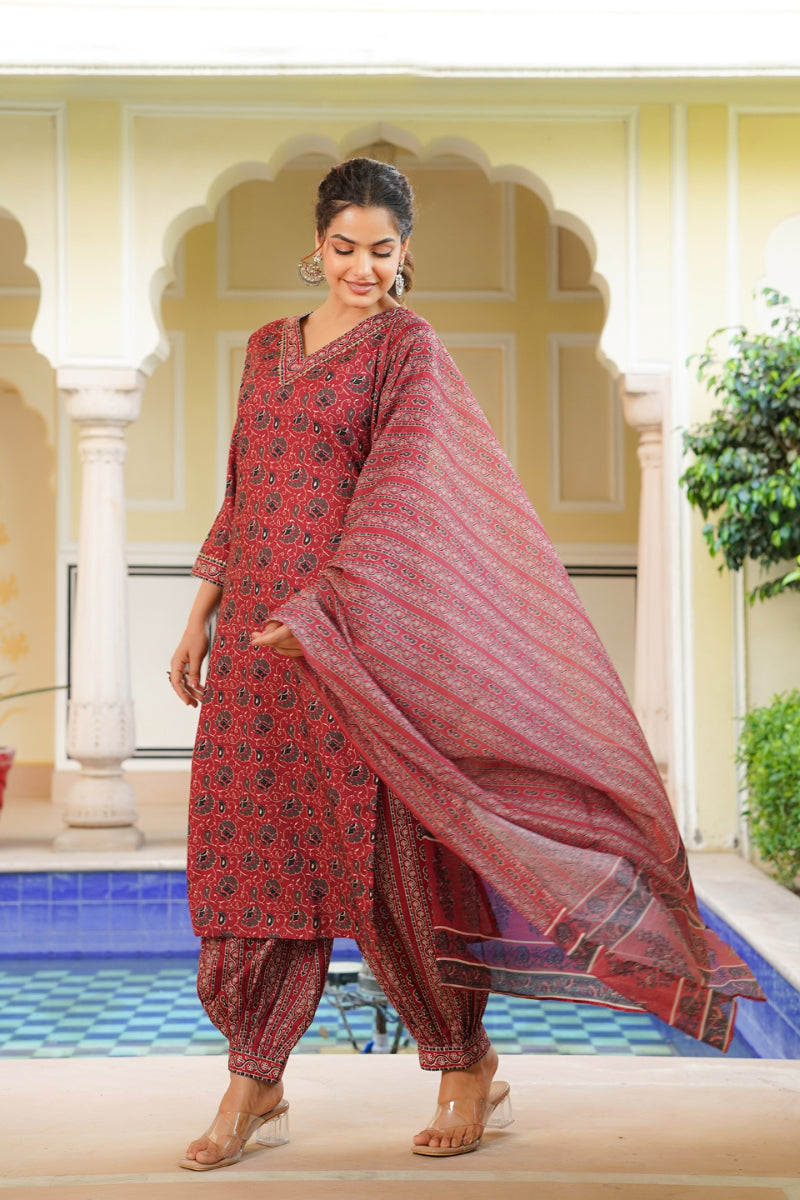 Red Rayon Blend Ethnic Motifs Printed Straight Kurta Salwar With Dupatta | SHOBITAM