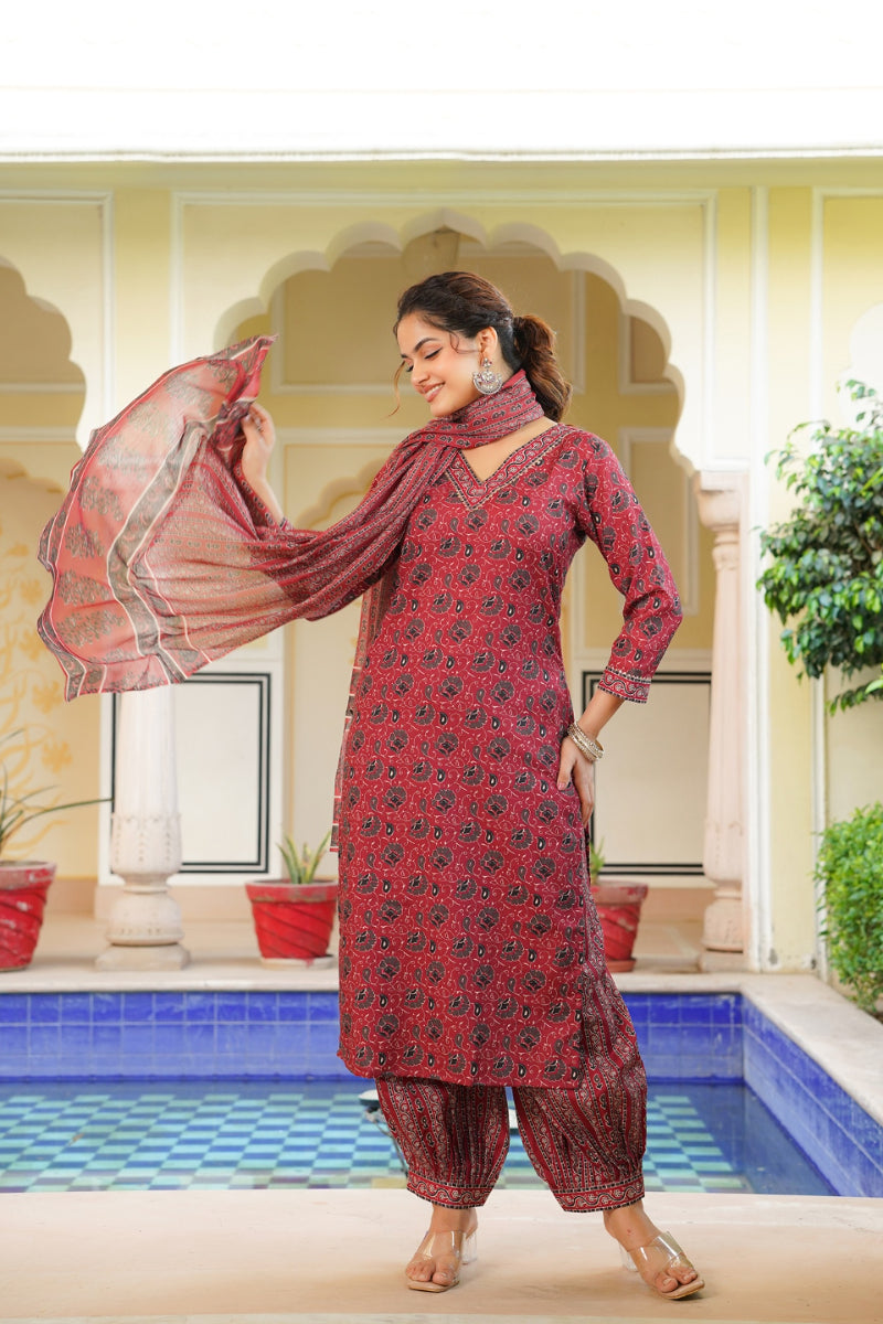 Pink Rayon Blend Floral Printed A-Line Kurta Palazzo With Dupatta | SHOBITAM