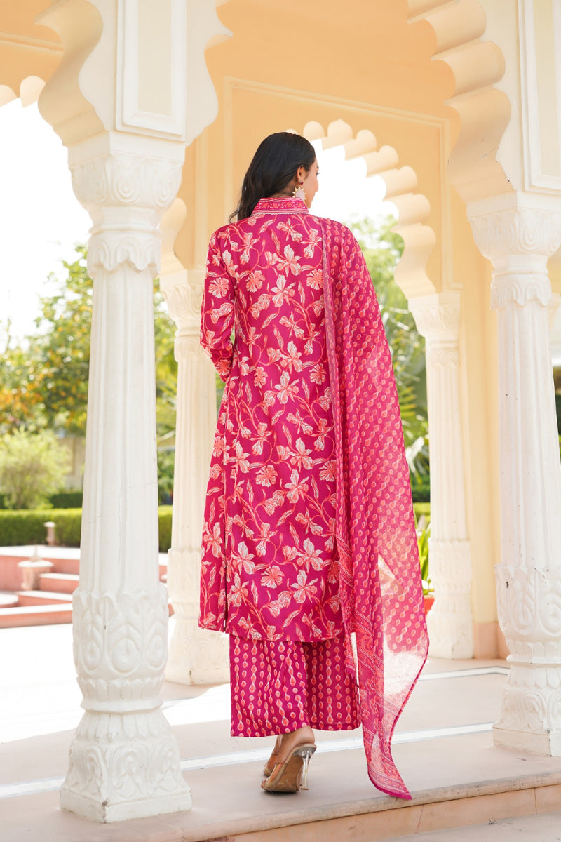 Pink Rayon Blend Floral Printed A-Line Kurta Palazzo With Dupatta | SHOBITAM