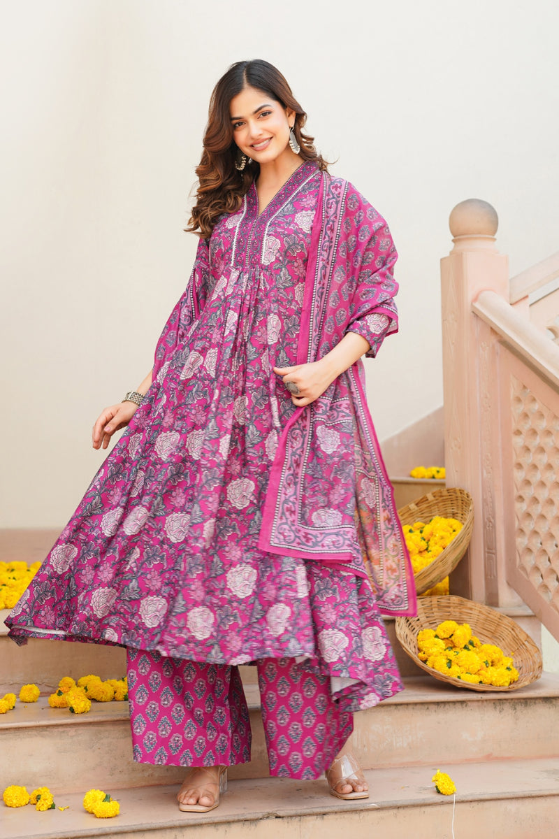 Pink Rayon Blend Floral Printed A-Line Kurta Palazzo With Dupatta | SHOBITAM