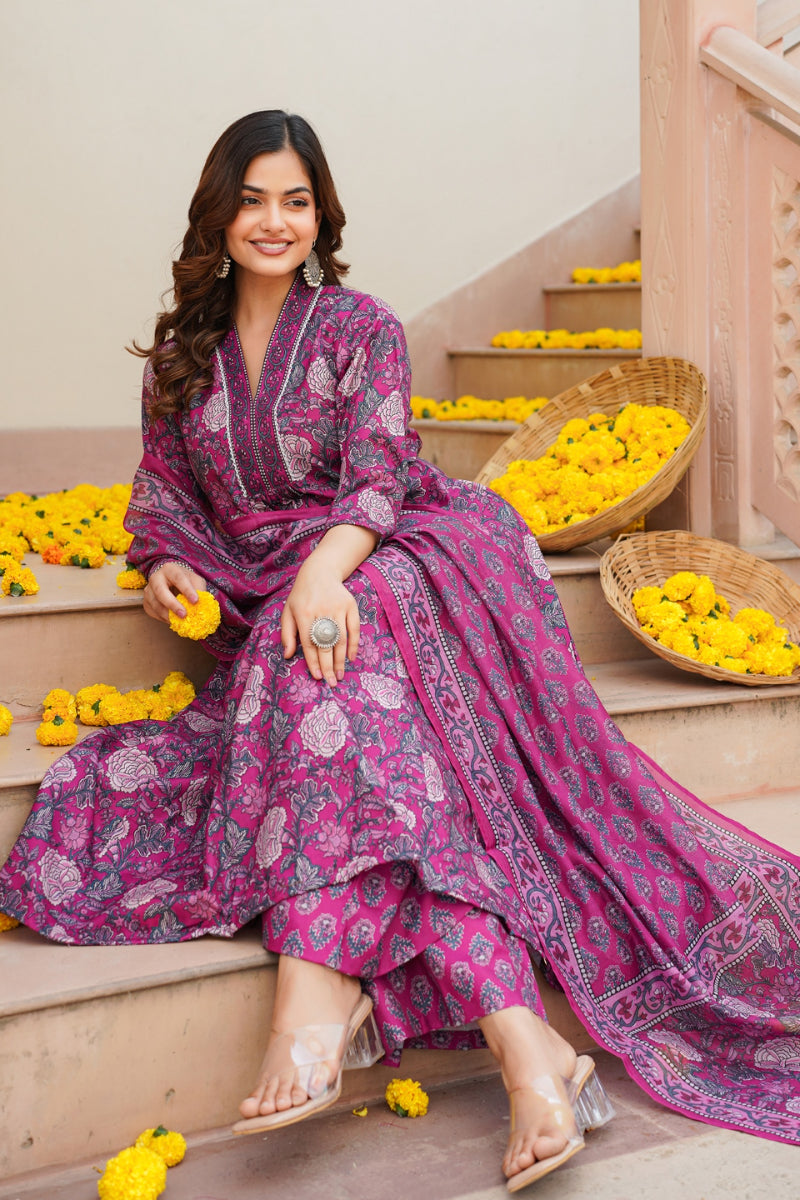 Pink Rayon Blend Floral Printed A-Line Kurta Palazzo With Dupatta | SHOBITAM