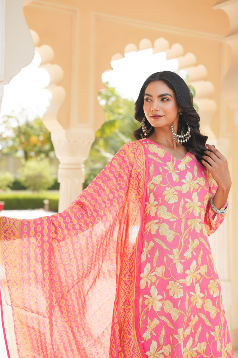 Pink Rayon Blend Floral Printed A-Line Kurta Palazzo With Dupatta | SHOBITAM