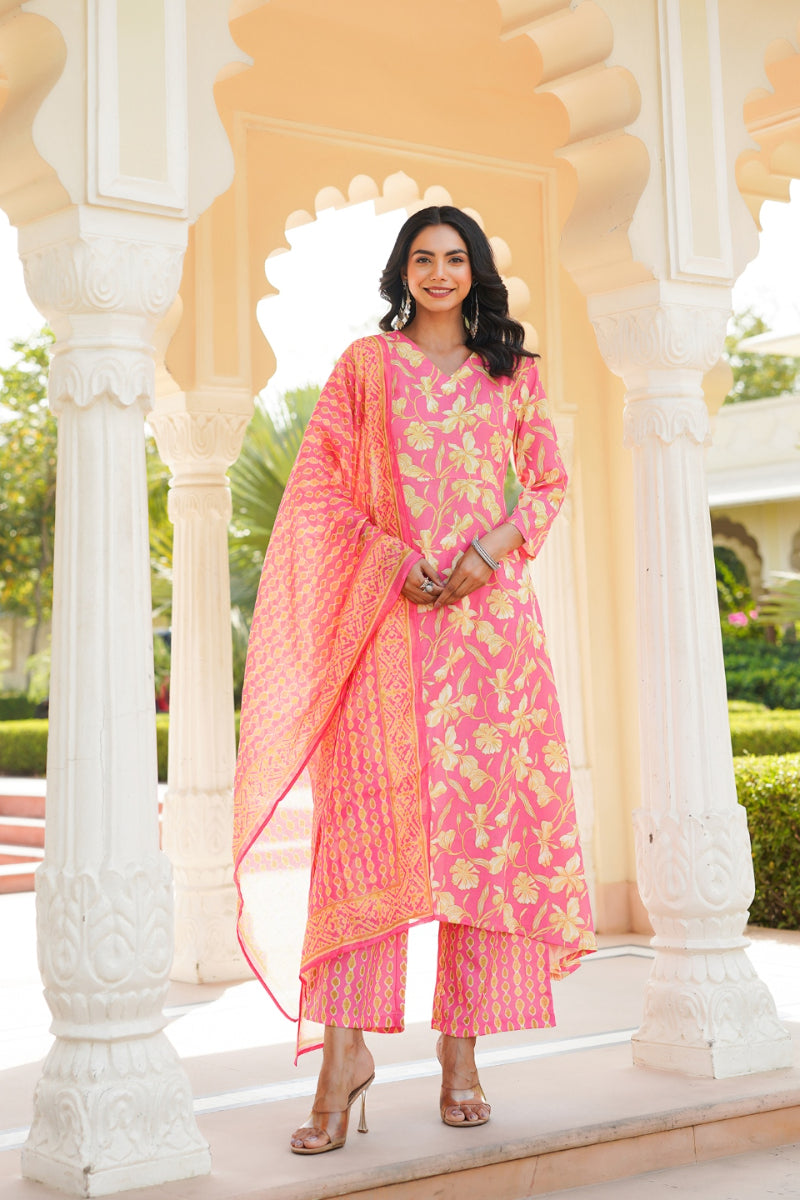 Pink Rayon Blend Floral Printed A-Line Kurta Palazzo With Dupatta | SHOBITAM