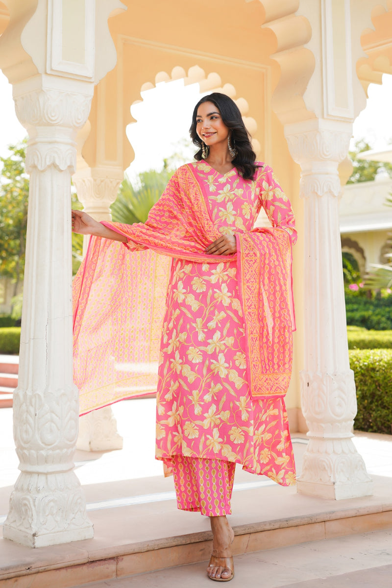 Pink Rayon Blend Floral Printed A-Line Kurta Palazzo With Dupatta | SHOBITAM