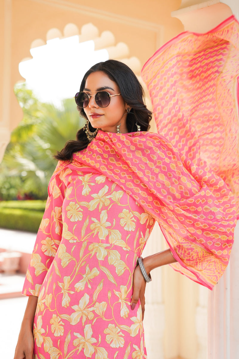 Pink Rayon Blend Floral Printed A-Line Kurta Palazzo With Dupatta | SHOBITAM