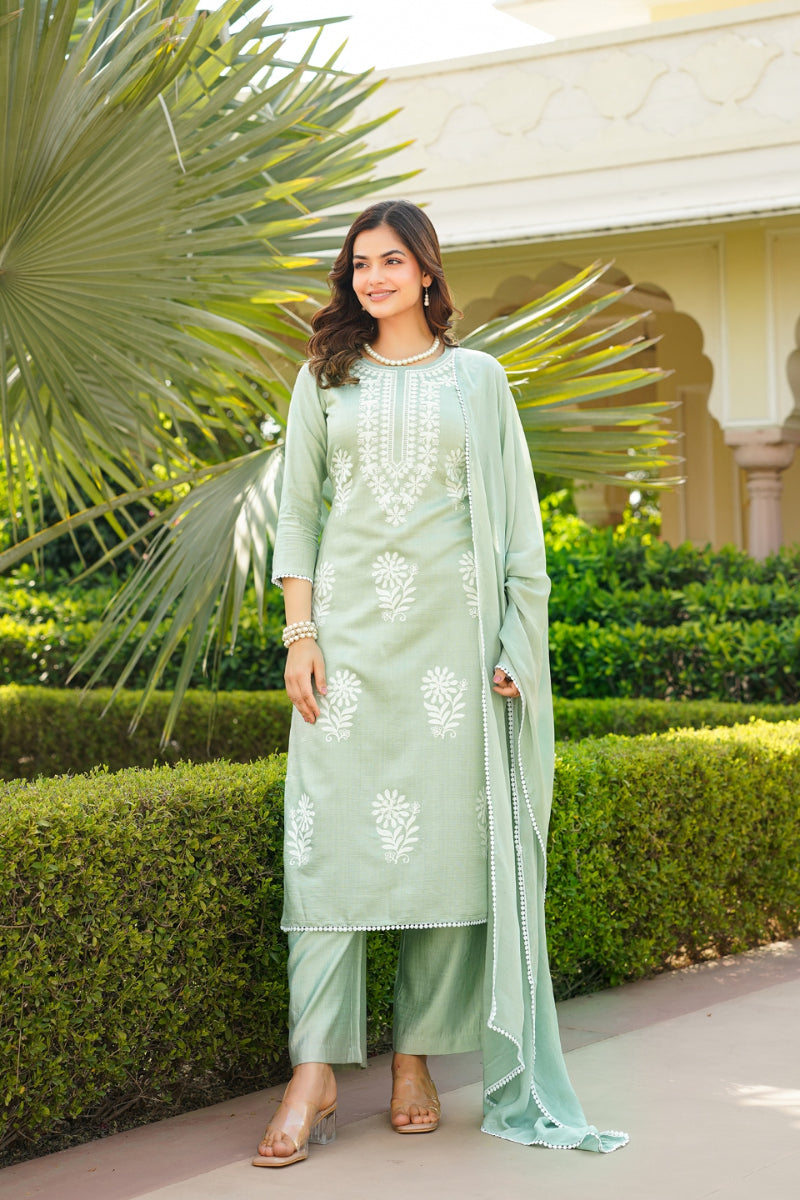 Green Viscose Solid Embroidered Straight Kurta Palazzo With Dupatta | SHOBITAM