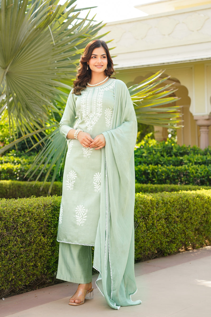 Green Viscose Solid Embroidered Straight Kurta Palazzo With Dupatta | SHOBITAM