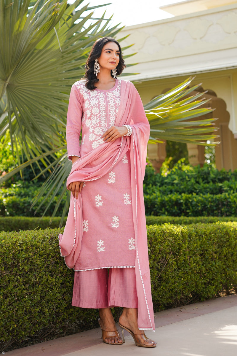 Pink Viscose Solid Embroidered Straight Kurta Palazzo With Dupatta | SHOBITAM