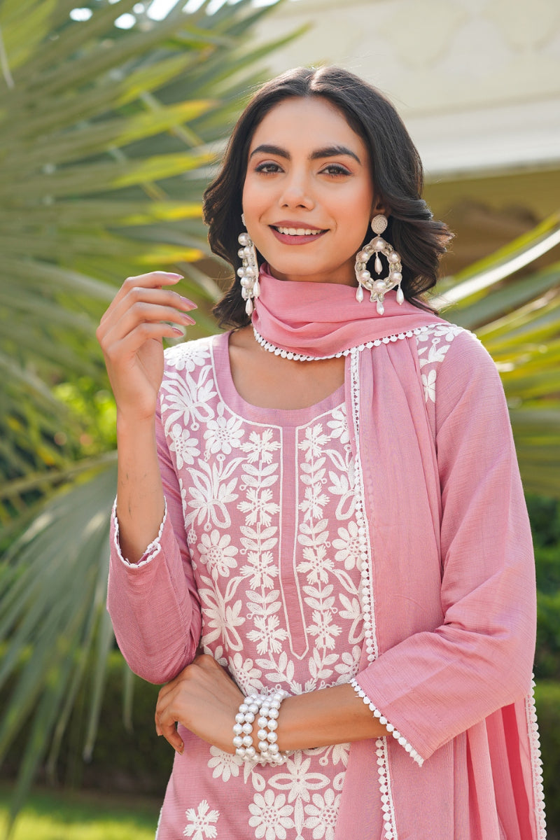 Pink Viscose Solid Embroidered Straight Kurta Palazzo With Dupatta | SHOBITAM