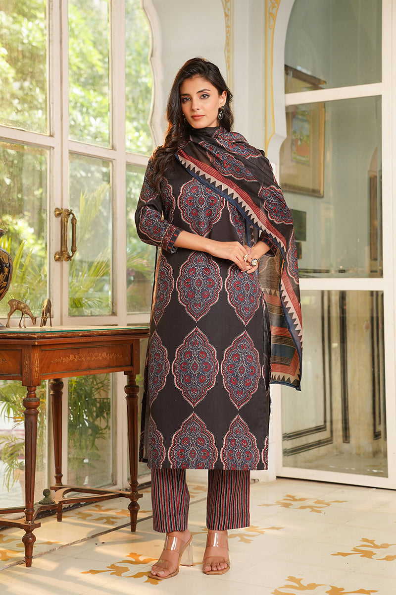 Black Rayon Blend Ethnic Motifs Printed Straight Kurta Trousers With Dupatta | SHOBITAM