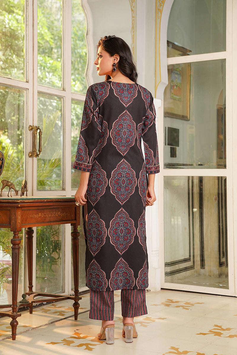 Black Rayon Blend Ethnic Motifs Printed Straight Kurta Trousers With Dupatta | SHOBITAM