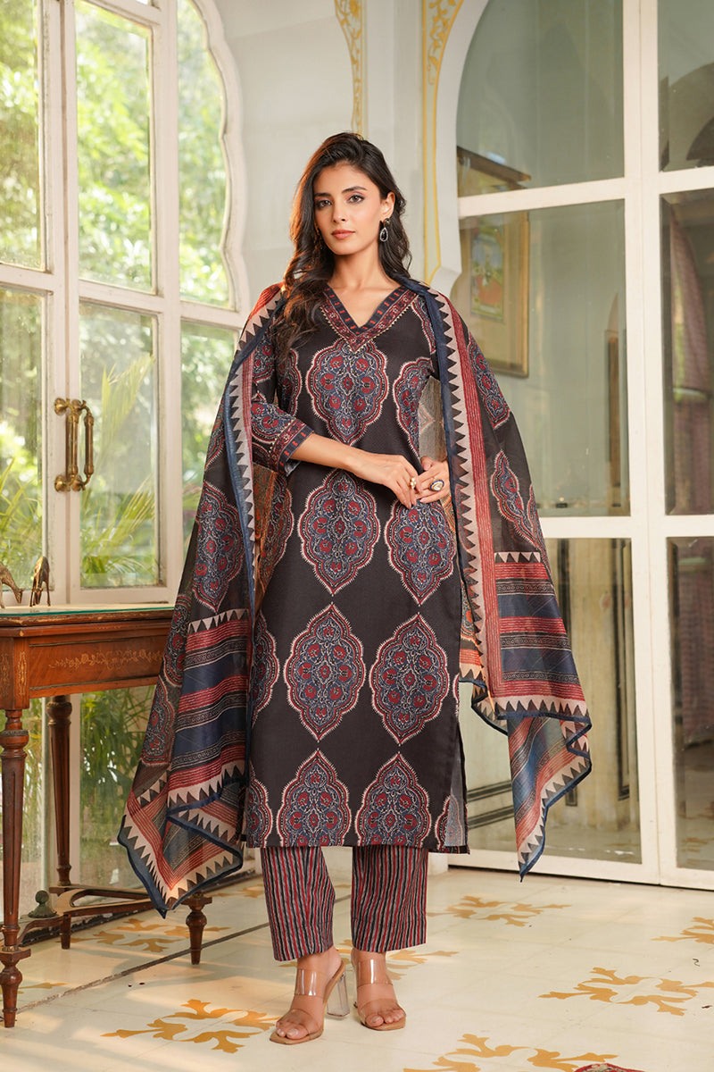 Black Rayon Blend Ethnic Motifs Printed Straight Kurta Trousers With Dupatta | SHOBITAM
