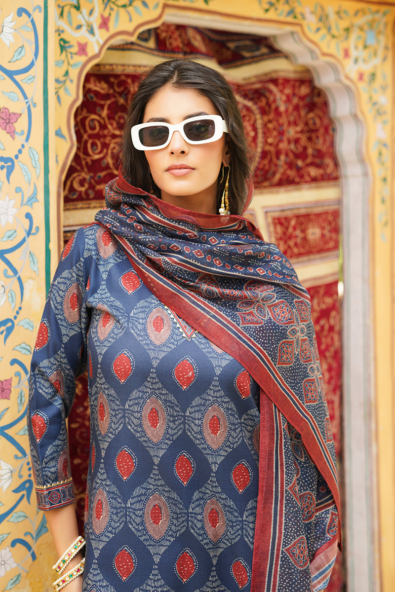 Blue Rayon Blend Ethnic Motifs Printed Straight Kurta Trousers With Dupatta | SHOBITAM