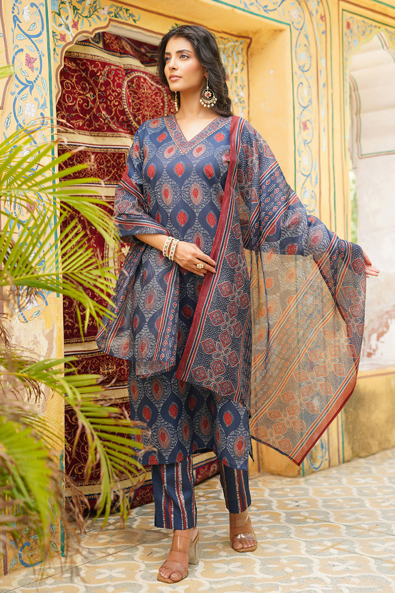 Blue Rayon Blend Ethnic Motifs Printed Straight Kurta Trousers With Dupatta | SHOBITAM