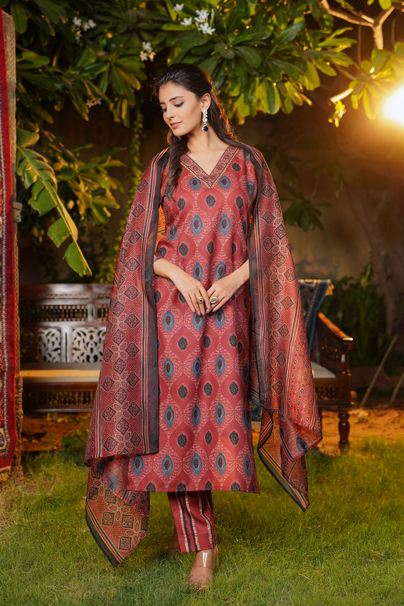 Maroon Rayon Blend Ethnic Motifs Printed Straight Kurta Trousers With Dupatta  |SHOBITAM