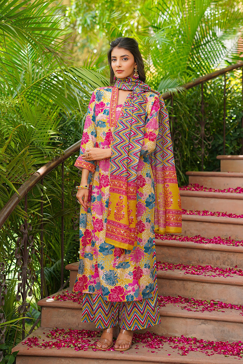 Yellow Rayon Blend Floral Printed Straight Kurta Palazzos With Dupatta | SHOBITAM