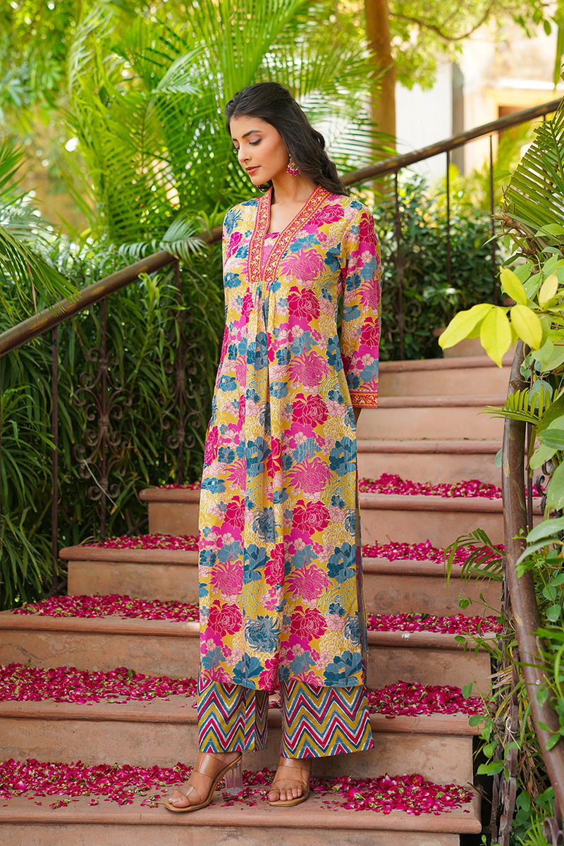Yellow Rayon Blend Floral Printed Straight Kurta Palazzos With Dupatta | SHOBITAM