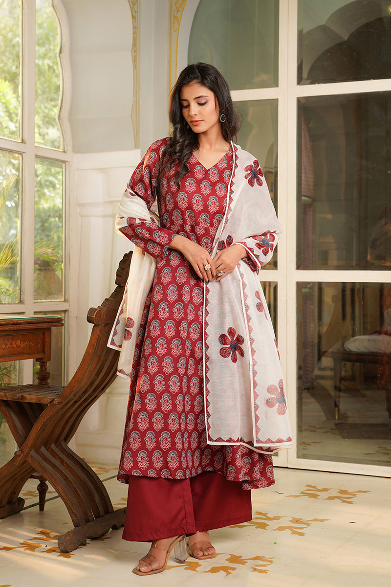 Maroon Rayon Blend Floral Printed A-Line Kurta Palazzos With Dupatta | SHOBITAM