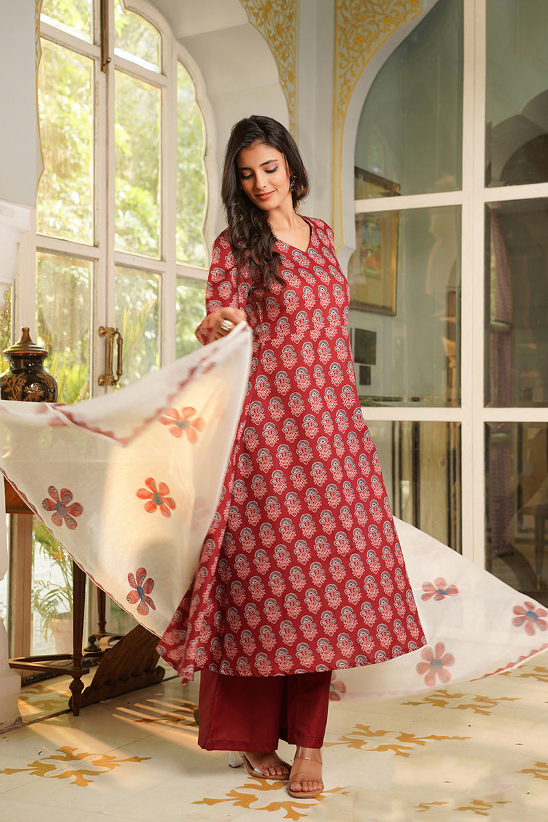 Maroon Rayon Blend Floral Printed A-Line Kurta Palazzos With Dupatta | SHOBITAM