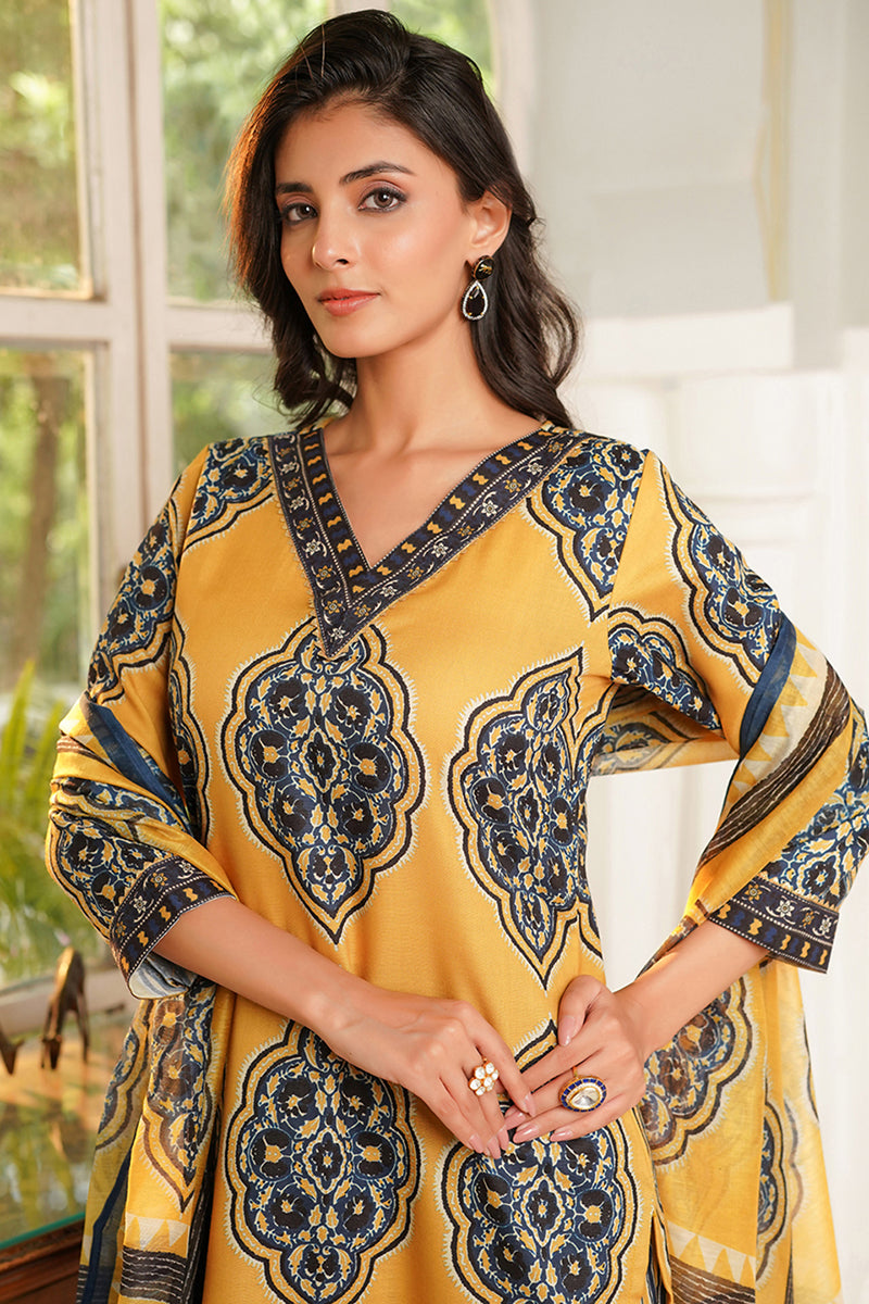 Yellow Rayon Blend Ethnic Motifs Printed Straight Kurta Trousers With Dupatta | SHOBITAM