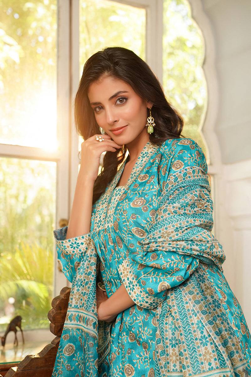 Turquoise Blue Rayon Blend Floral Printed Straight Kurta Trouser with Dupatta | SHOBITAM