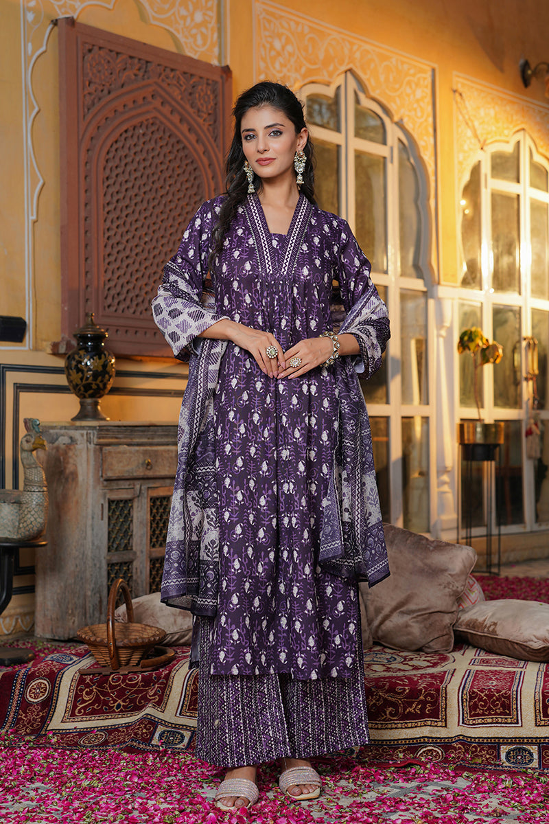 Purple Rayon Blend Batik Printed Straight Kurta Palazzos With Dupatta | SHOBITAM