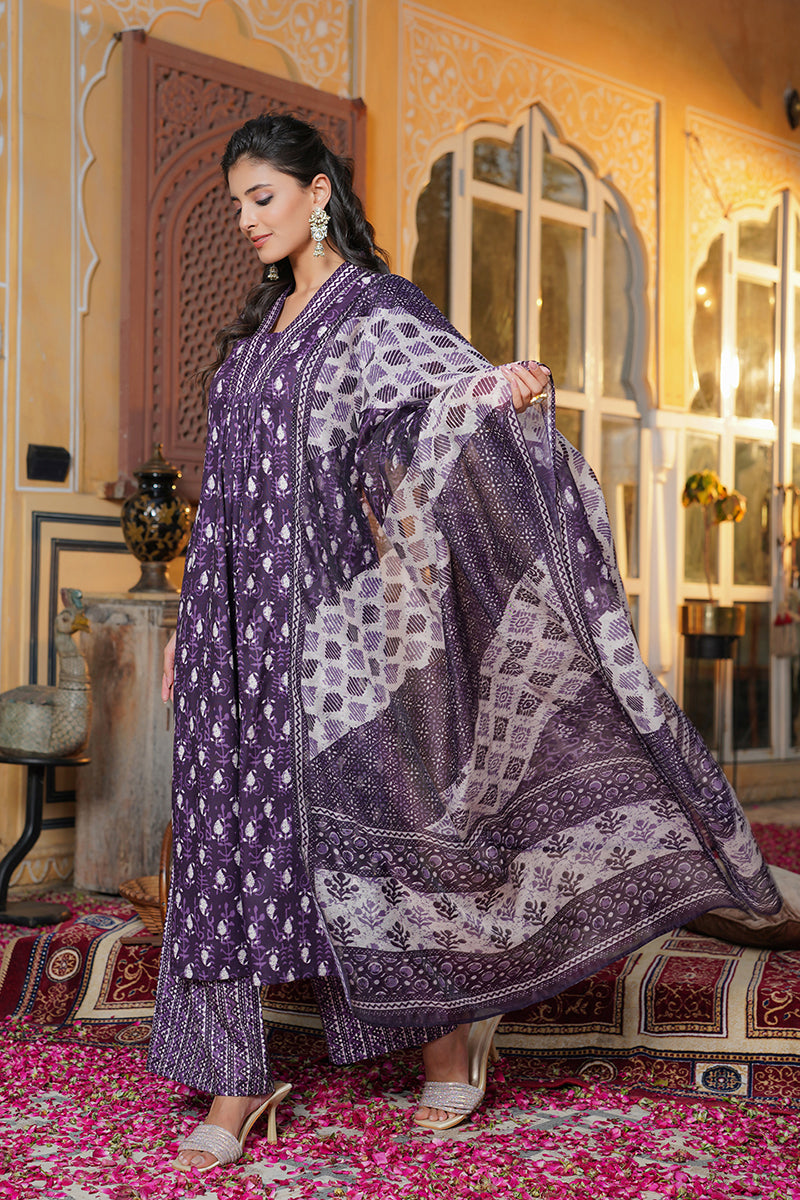 Purple Rayon Blend Batik Printed Straight Kurta Palazzos With Dupatta | SHOBITAM
