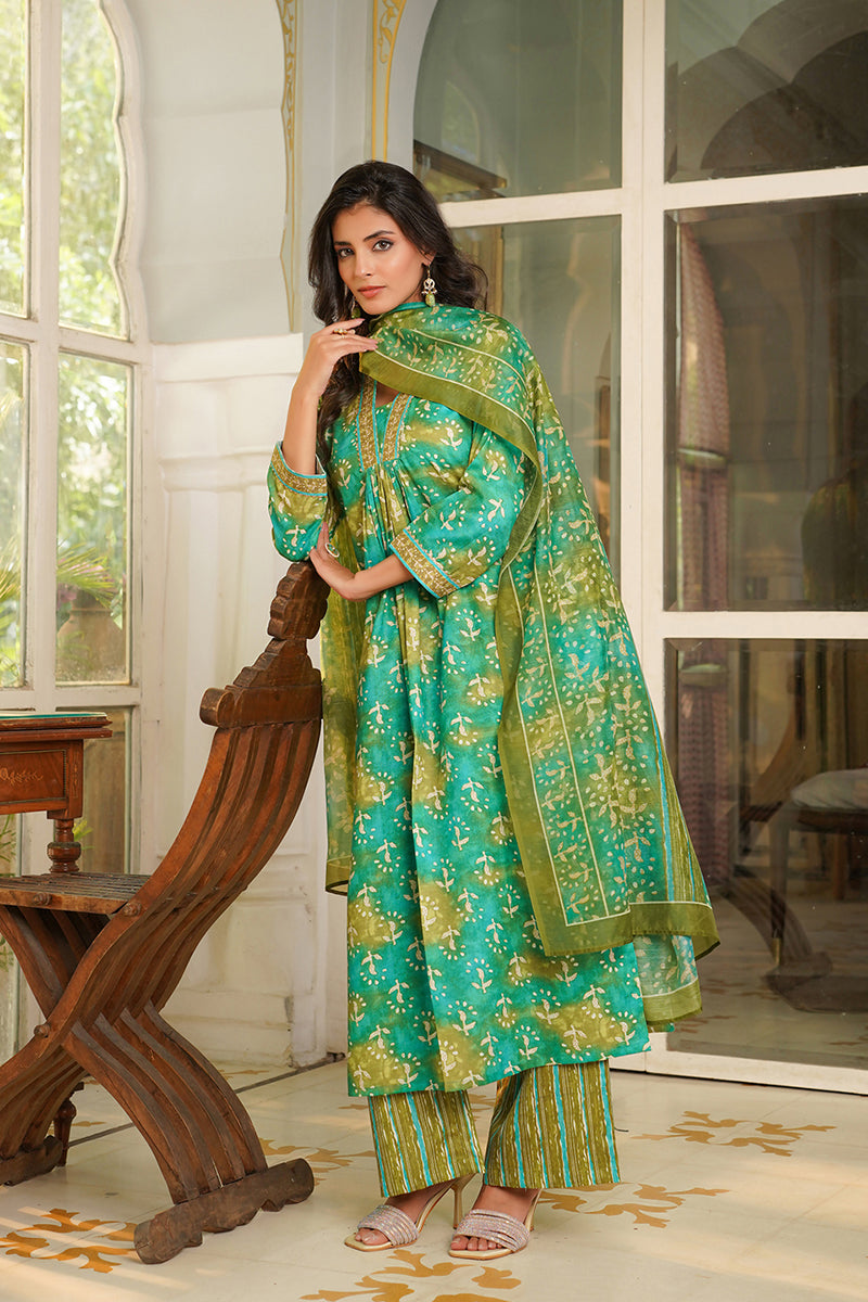Green Rayon Blend Ethnic Motifs Printed Straight Kurta Palazzos With Dupatta | SHOBITAM